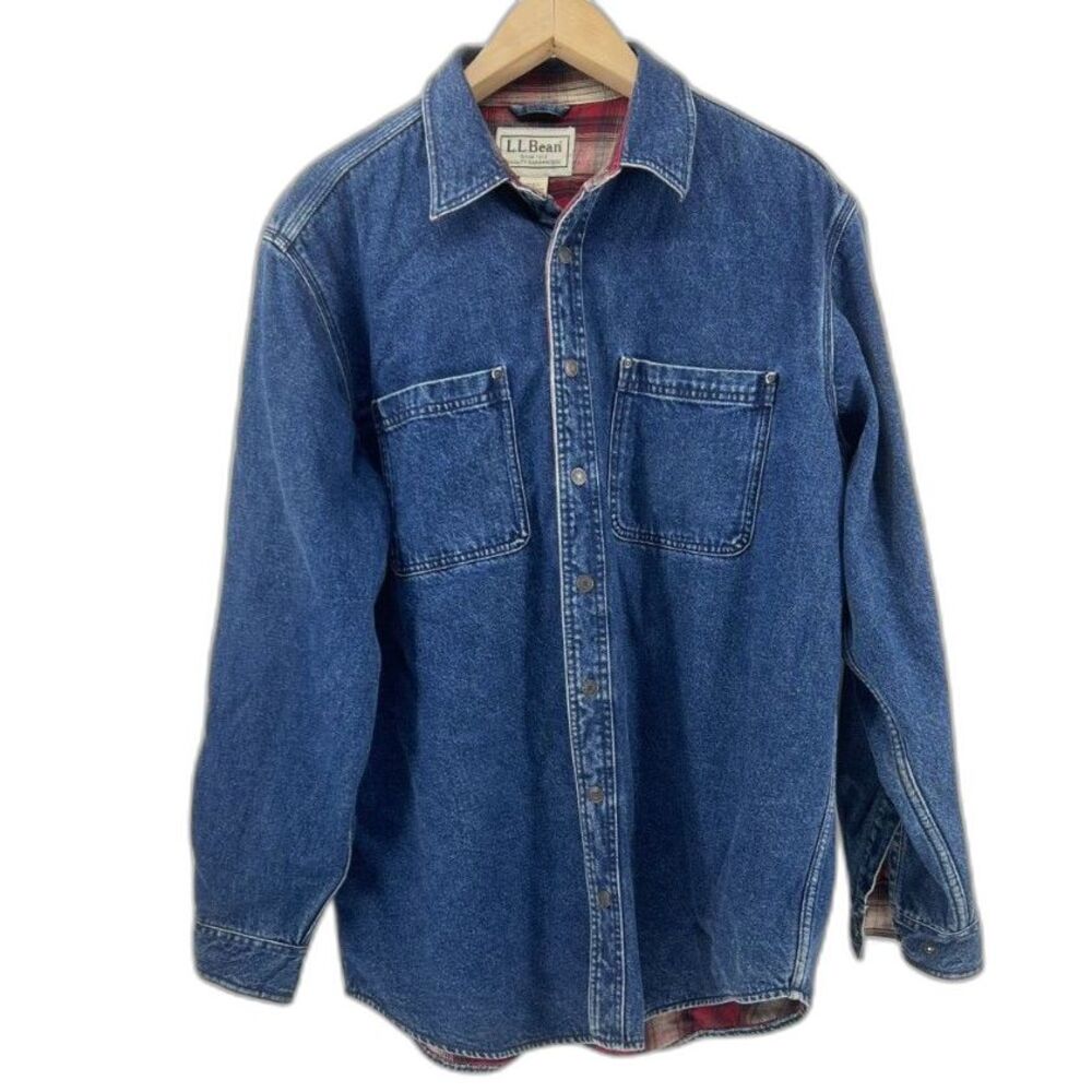 Vintage LL Bean Flannel Lined Denim Shirt Jacket Men L Snap Front Y2K Chore Coat